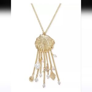 Inc Gold-Tone Pavé Imitation Pearl Shell Fringe Statement Pendant Necklace 31"